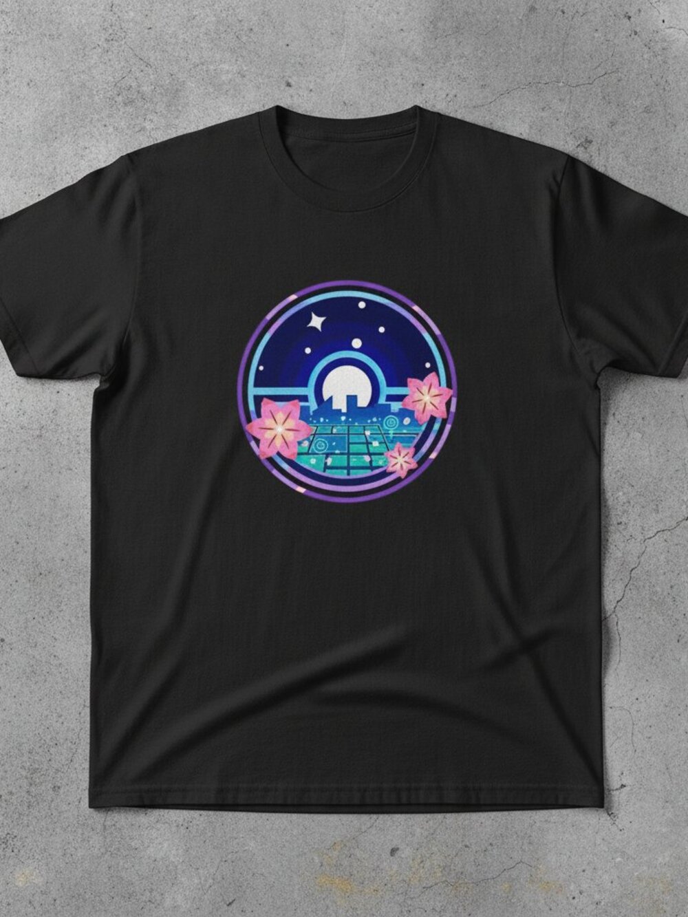 Retro Space Blossom Graphic T-Shirt | Cosmic Floral Galaxy Black Tee